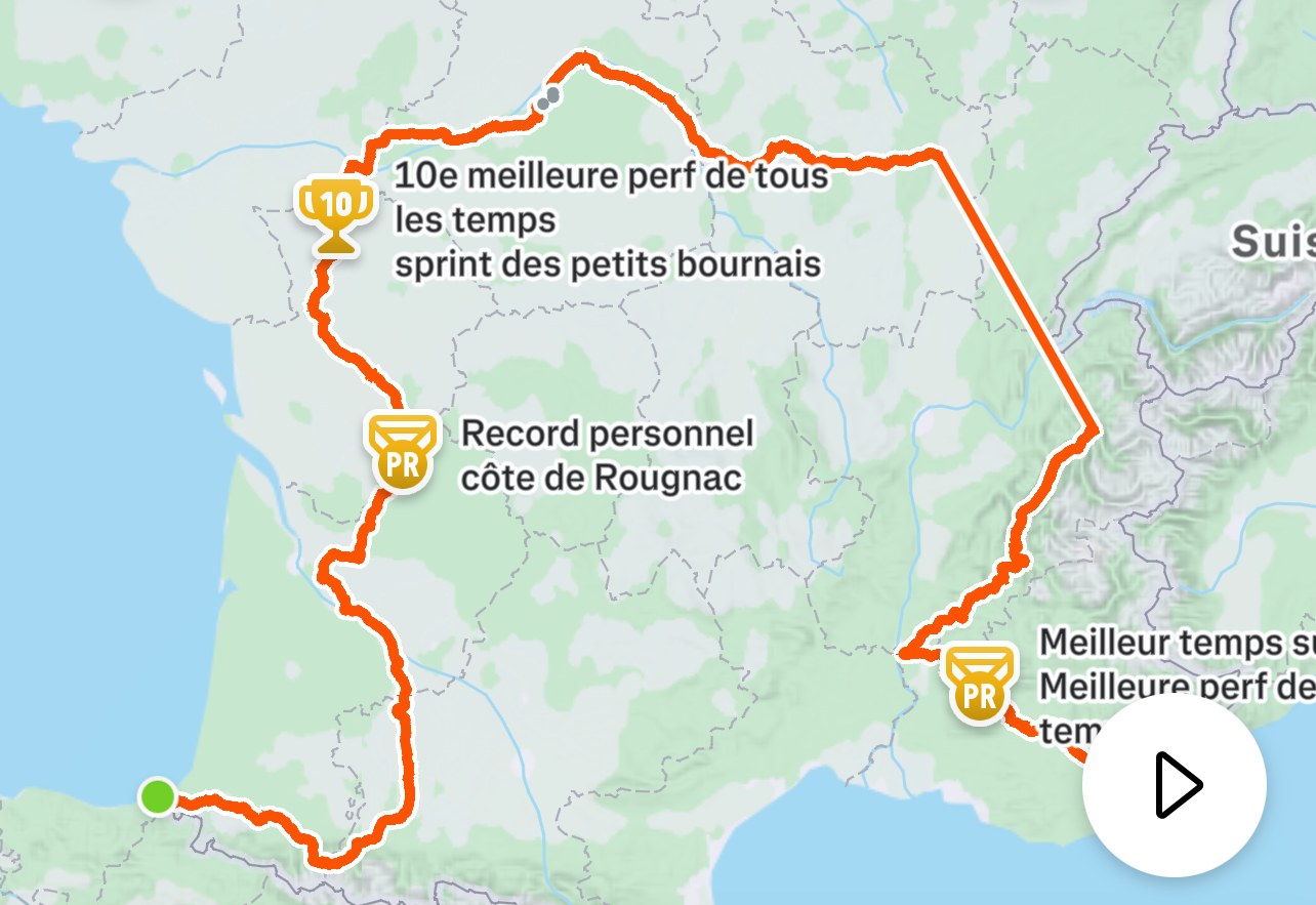 Tracé de la Race Across France 2500 de Freddy Dewaleyne, de Hendaye à Mandelieu